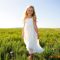 A beautiful blonde girl wearing a flowing white dress, standing gracefully in a sunlit meadow