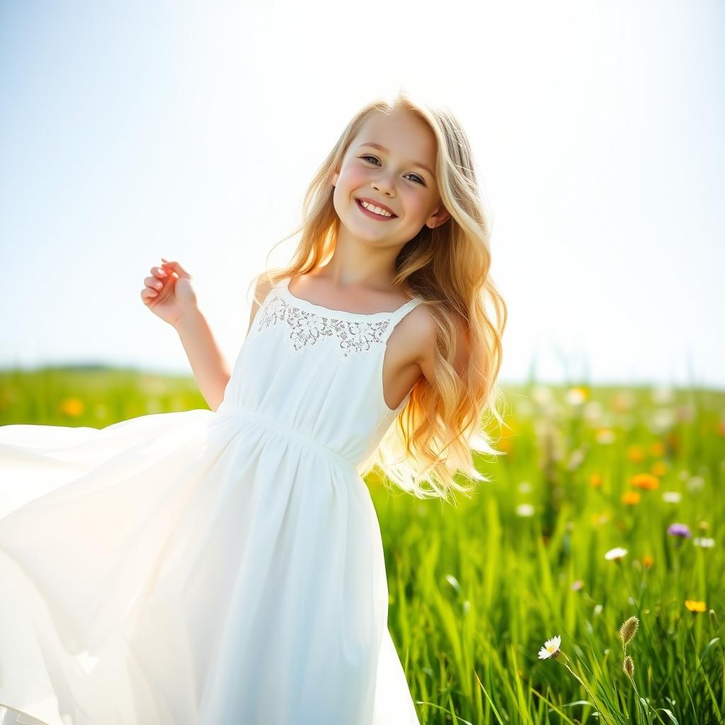 A beautiful blonde girl wearing a flowing white dress, standing gracefully in a sunlit meadow