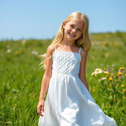 A beautiful blonde girl wearing a flowing white dress, standing gracefully in a sunlit meadow