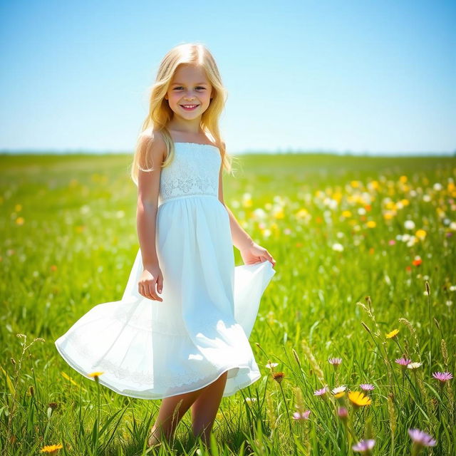 A beautiful blonde girl wearing a flowing white dress, standing gracefully in a sunlit meadow