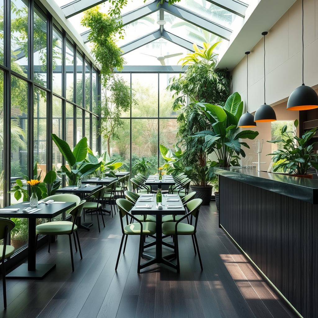A small and cozy vegetarian restaurant with glass walls and a beautiful atrium filled with lush green natural plants