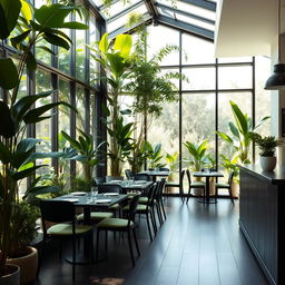 A small and cozy vegetarian restaurant with glass walls and a beautiful atrium filled with lush green natural plants