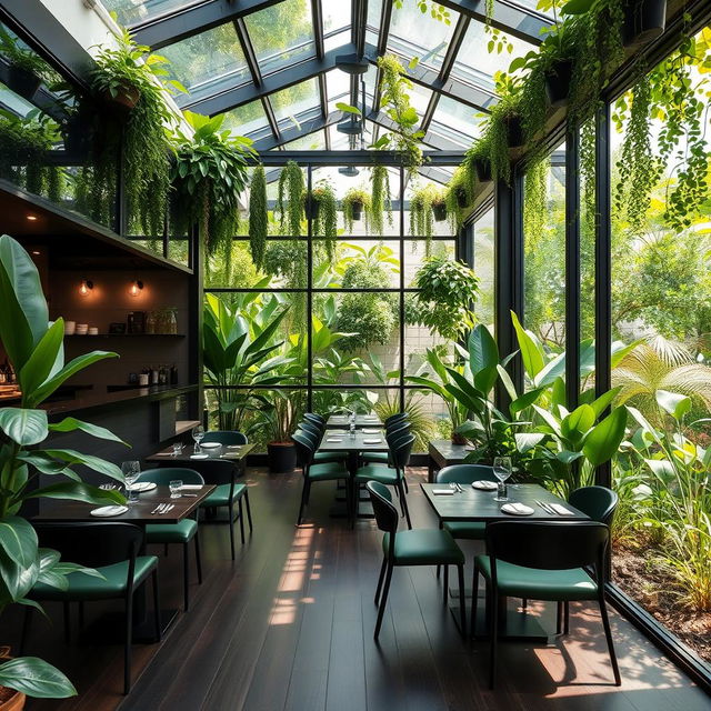 A small and cozy vegetarian restaurant with glass walls and a beautiful atrium filled with lush green natural plants