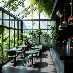 A small and cozy vegetarian restaurant with glass walls and a beautiful atrium filled with lush green natural plants