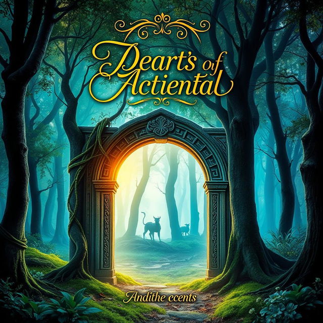 A captivating book cover design featuring a mystical forest with ethereal light filtering through the trees