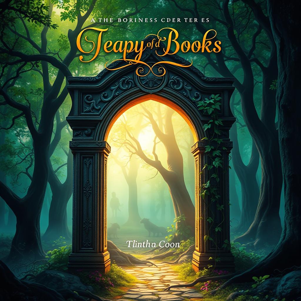 A captivating book cover design featuring a mystical forest with ethereal light filtering through the trees