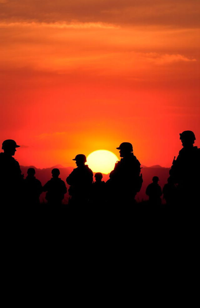 A dramatic sunset scene featuring soldiers in black silhouettes, standing in various poses of vigilance and readiness, set against a vibrant orange and purple sky