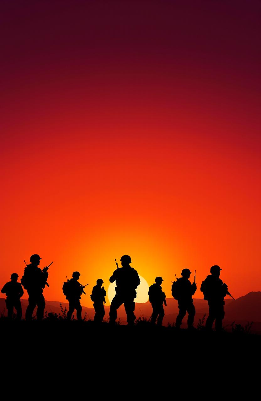 A dramatic sunset scene featuring soldiers in black silhouettes, standing in various poses of vigilance and readiness, set against a vibrant orange and purple sky