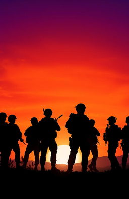 A dramatic sunset scene featuring soldiers in black silhouettes, standing in various poses of vigilance and readiness, set against a vibrant orange and purple sky
