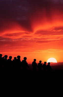 A dramatic sunset scene featuring soldiers in black silhouettes, standing in various poses of vigilance and readiness, set against a vibrant orange and purple sky