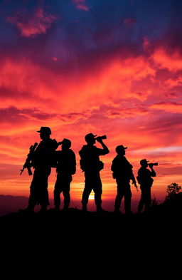 A dramatic sunset scene featuring silhouettes of soldiers standing on a ridge