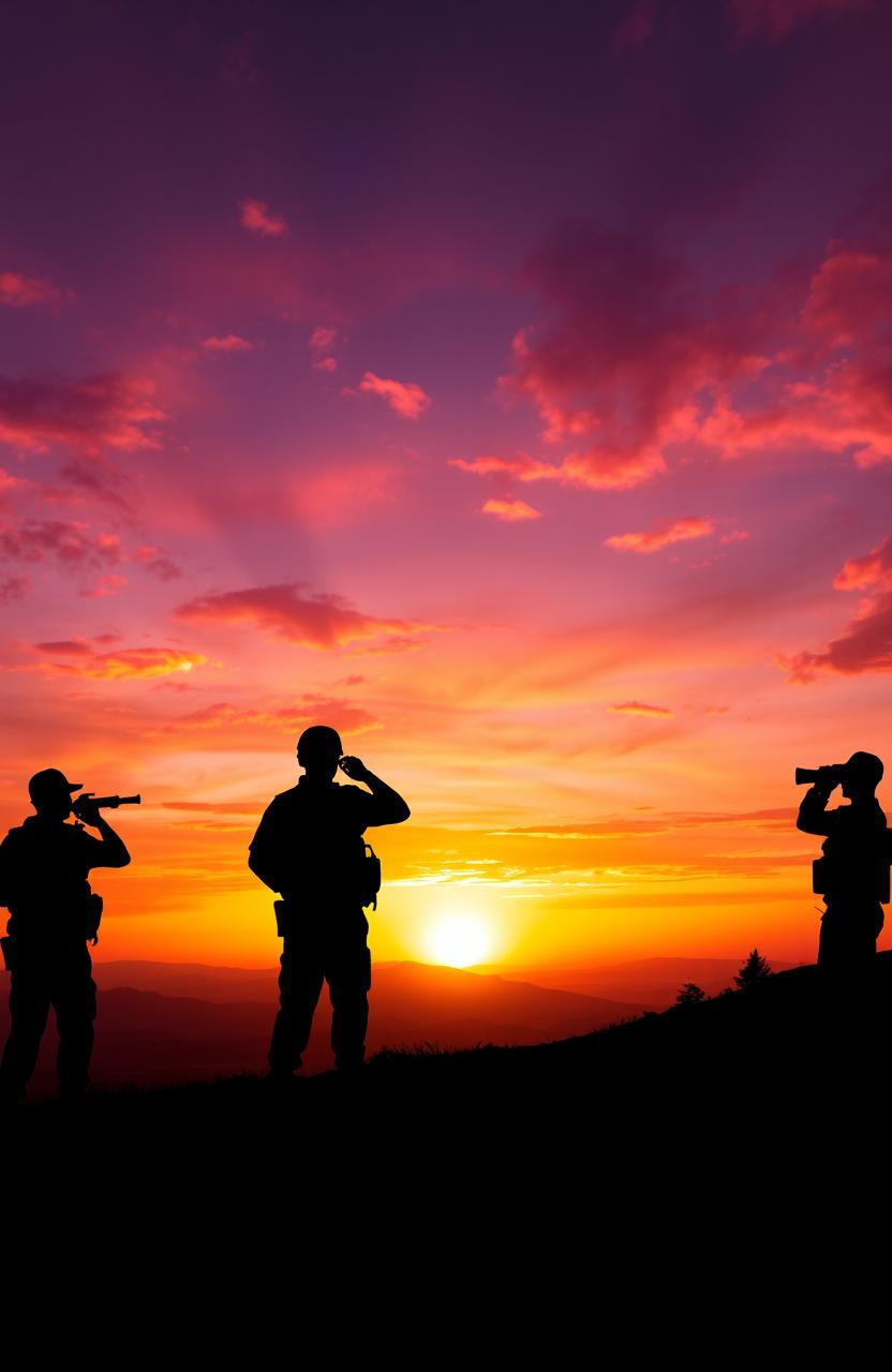 A dramatic sunset scene featuring silhouettes of soldiers standing on a ridge