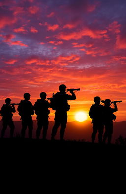 A dramatic sunset scene featuring silhouettes of soldiers standing on a ridge