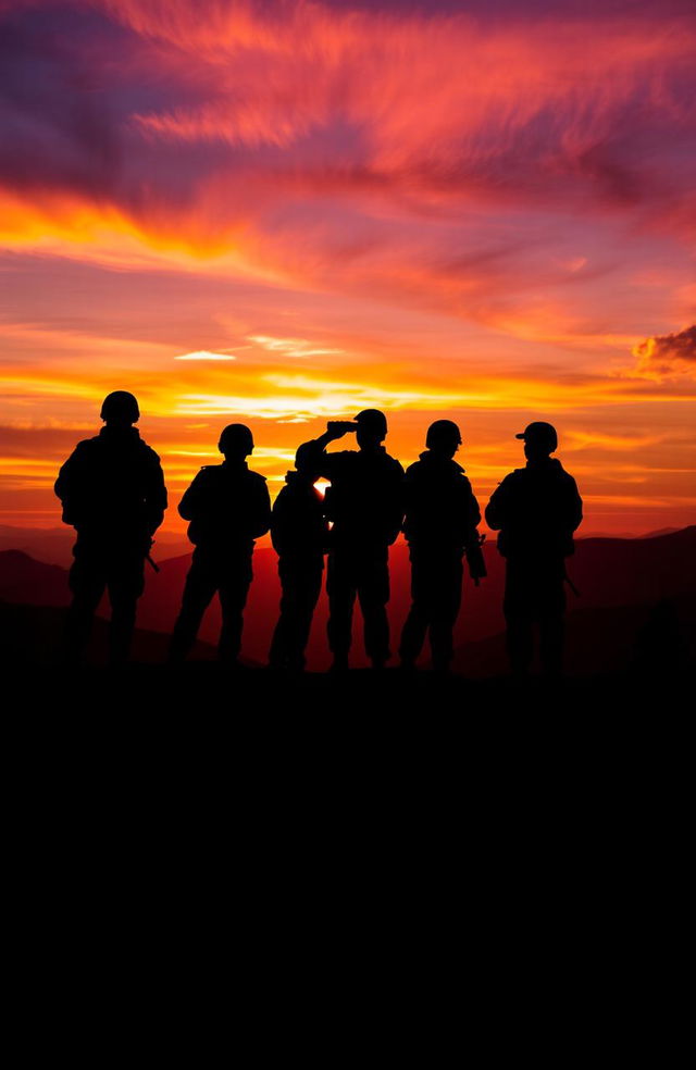 A dramatic sunset scene featuring silhouettes of soldiers standing on a ridge