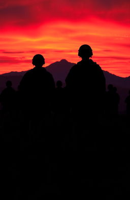 A dramatic scene featuring silhouettes of soldiers standing against a vibrant sunset