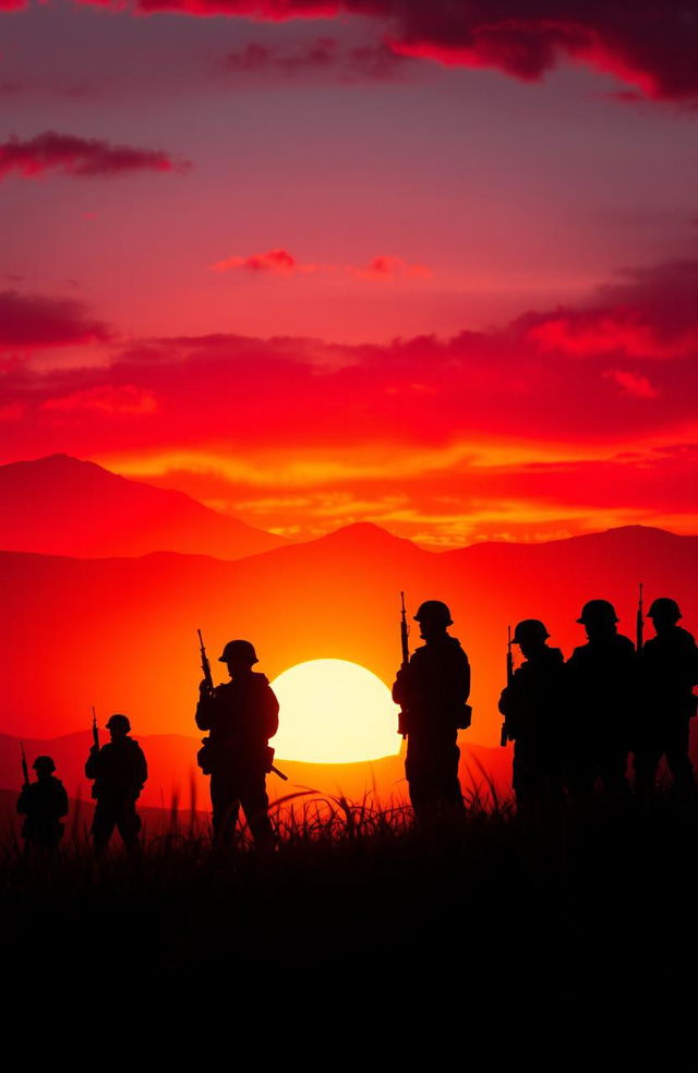 A dramatic scene featuring silhouettes of soldiers standing against a vibrant sunset
