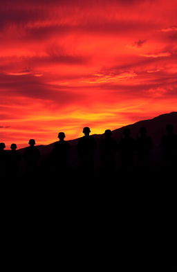 A dramatic scene featuring silhouettes of soldiers standing against a vibrant sunset