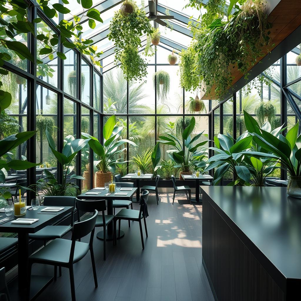 A small, cozy vegetarian restaurant featuring glass walls and an atrium filled with lush natural plants