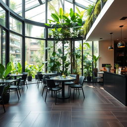 A small, cozy vegetarian restaurant featuring glass walls and an atrium filled with lush natural plants