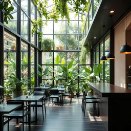 A small, cozy vegetarian restaurant featuring glass walls and an atrium filled with lush natural plants