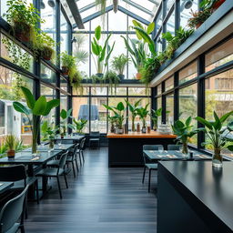 A small, cozy vegetarian restaurant featuring glass walls and an atrium filled with lush natural plants