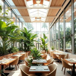 A modern minimalist restaurant designed for vegetarians, featuring an elegant atrium with glass walls