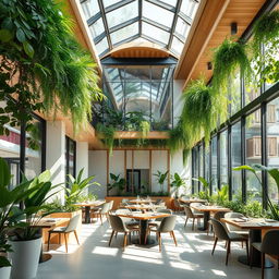 A modern minimalist restaurant designed for vegetarians, featuring an elegant atrium with glass walls