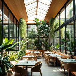 A modern minimalist restaurant designed for vegetarians, featuring an elegant atrium with glass walls