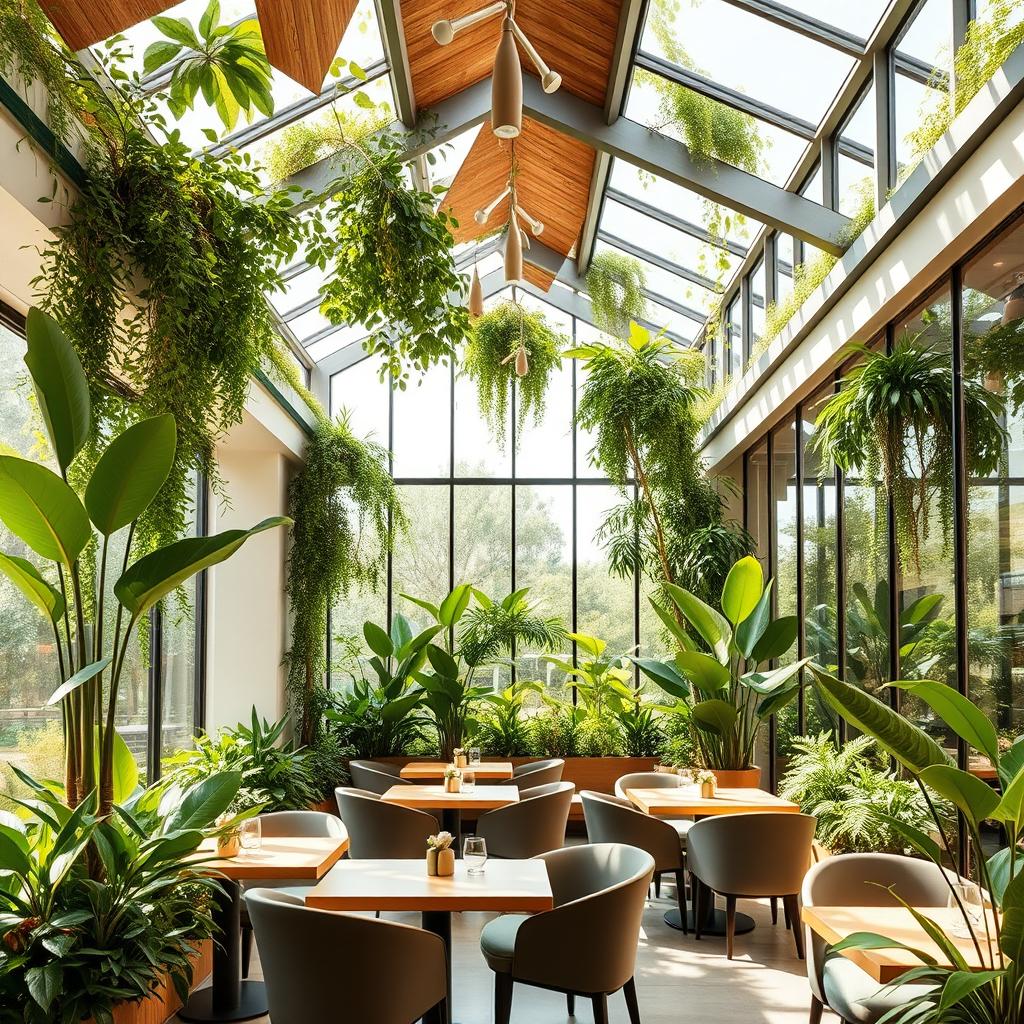 A modern minimalist restaurant designed for vegetarians, featuring an elegant atrium with glass walls