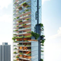 A modern skyscraper with 50 floors and a height of 200 meters, featuring green spaces and hanging gardens on various floors