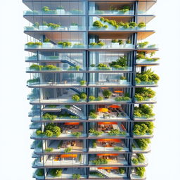 A modern skyscraper with 50 floors and a height of 200 meters, featuring green spaces and hanging gardens on various floors