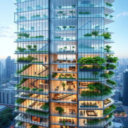 A modern skyscraper with 50 floors and a height of 200 meters, featuring green spaces and hanging gardens on various floors
