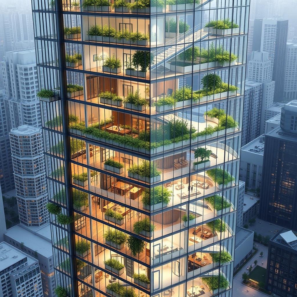 A modern skyscraper with 50 floors and a height of 200 meters, featuring green spaces and hanging gardens on various floors