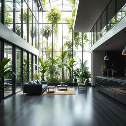 A modern, minimalistic interior space featuring large glass walls and an atrium filled with lush natural plants, creating a vibrant and soothing atmosphere