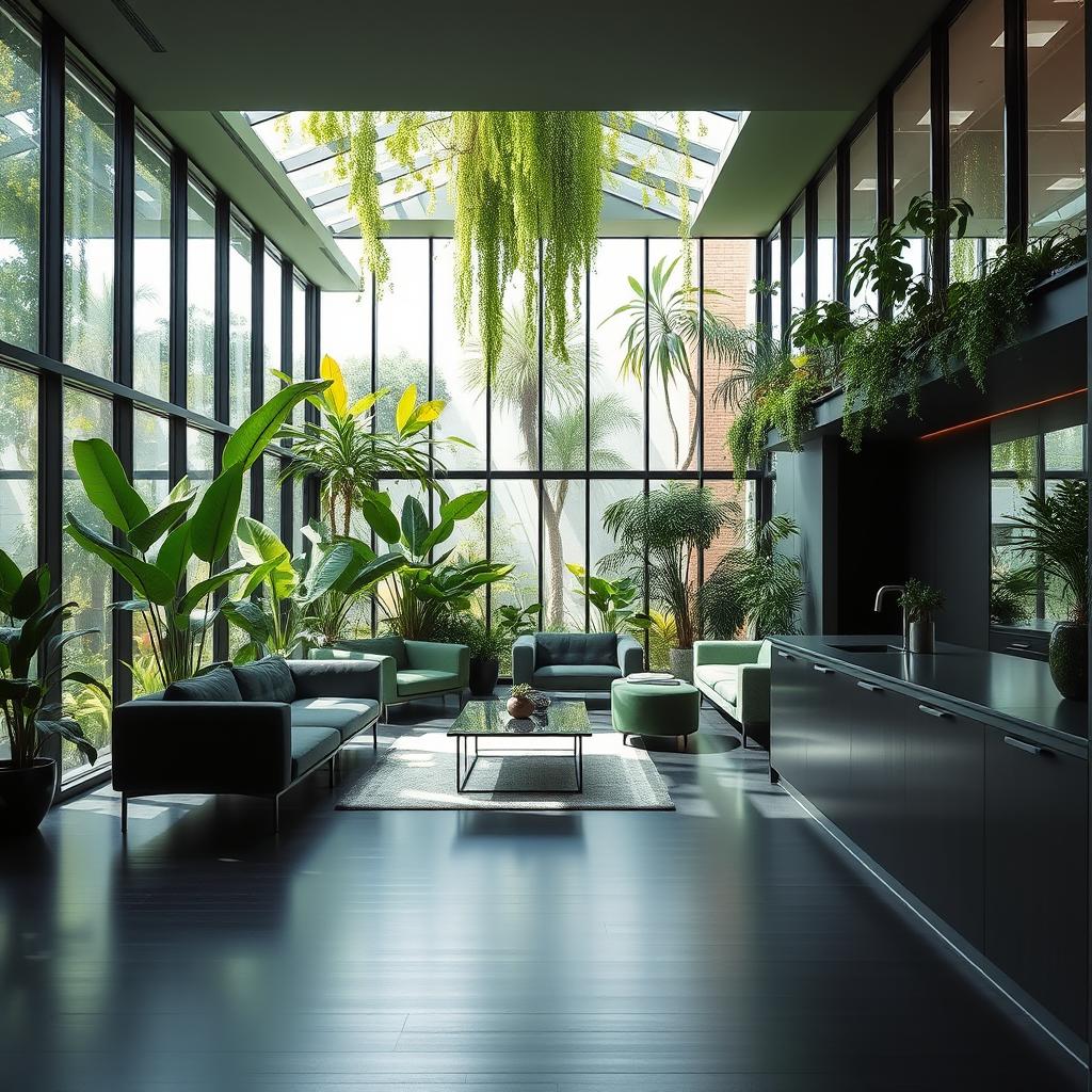 A modern, minimalistic interior space featuring large glass walls and an atrium filled with lush natural plants, creating a vibrant and soothing atmosphere
