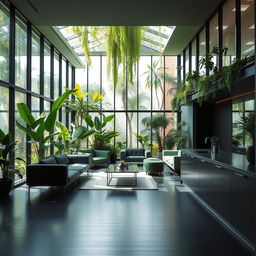 A modern, minimalistic interior space featuring large glass walls and an atrium filled with lush natural plants, creating a vibrant and soothing atmosphere