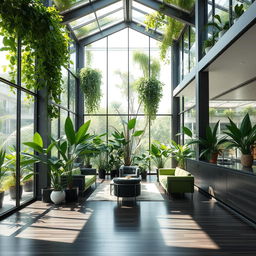 A modern, minimalistic interior space featuring large glass walls and an atrium filled with lush natural plants, creating a vibrant and soothing atmosphere