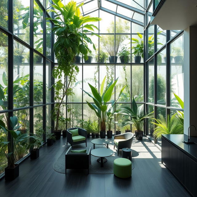 A modern, minimalistic interior space featuring large glass walls and an atrium filled with lush natural plants, creating a vibrant and soothing atmosphere