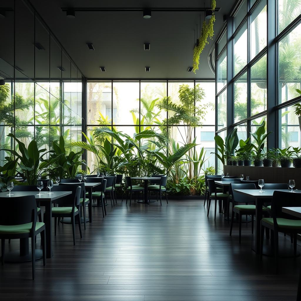 A modern restaurant featuring glass walls and a stunning atrium overflowing with vibrant natural plants