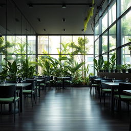A modern restaurant featuring glass walls and a stunning atrium overflowing with vibrant natural plants