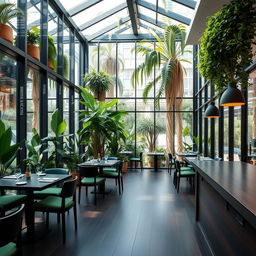 A modern restaurant featuring glass walls and a stunning atrium overflowing with vibrant natural plants