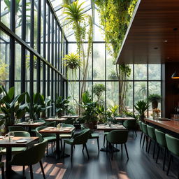 A modern restaurant featuring glass walls and a stunning atrium overflowing with vibrant natural plants