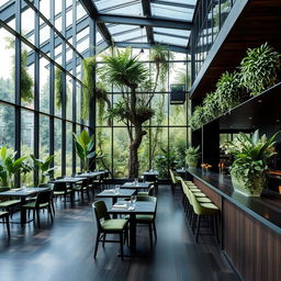 A modern restaurant featuring glass walls and a stunning atrium overflowing with vibrant natural plants