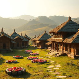 A vivid exterior view of a Hindu ashram inspired by the Mahabharata era, showcasing numerous traditional huts (kutiyas) constructed from natural materials like wood and thatch