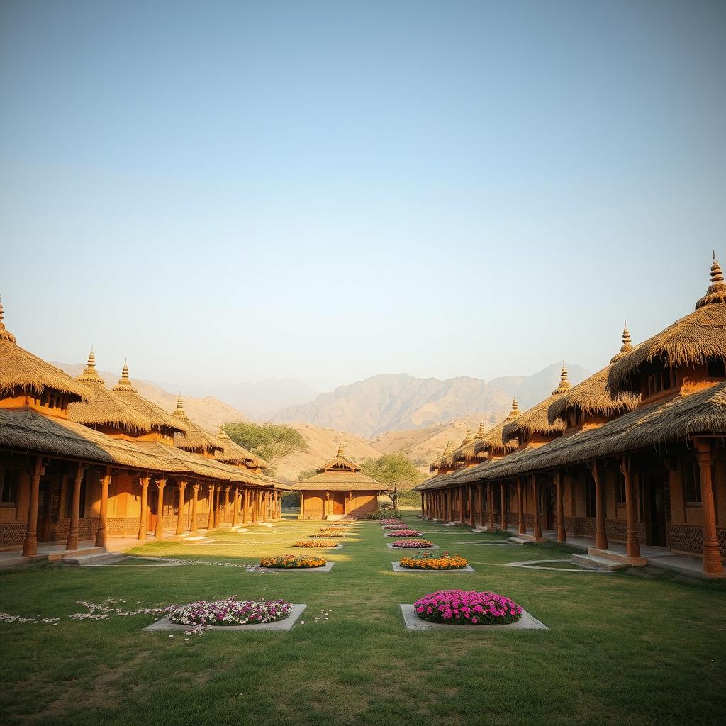 A vivid exterior view of a Hindu ashram inspired by the Mahabharata era, showcasing numerous traditional huts (kutiyas) constructed from natural materials like wood and thatch