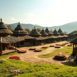 A vivid exterior view of a Hindu ashram inspired by the Mahabharata era, showcasing numerous traditional huts (kutiyas) constructed from natural materials like wood and thatch