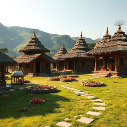 A vivid exterior view of a Hindu ashram inspired by the Mahabharata era, showcasing numerous traditional huts (kutiyas) constructed from natural materials like wood and thatch