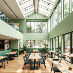 A two-story restaurant located on the first floor of a cozy coffee shop