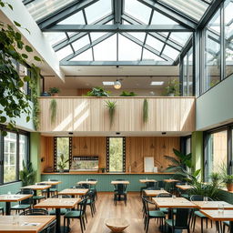 A two-story restaurant located on the first floor of a cozy coffee shop