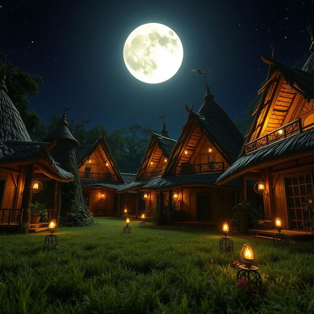 A close-up nighttime view of a Hindu ashram inspired by the Mahabharata era, showcasing an array of traditional huts (kutiyas) intricately designed with natural materials like wood and thatch